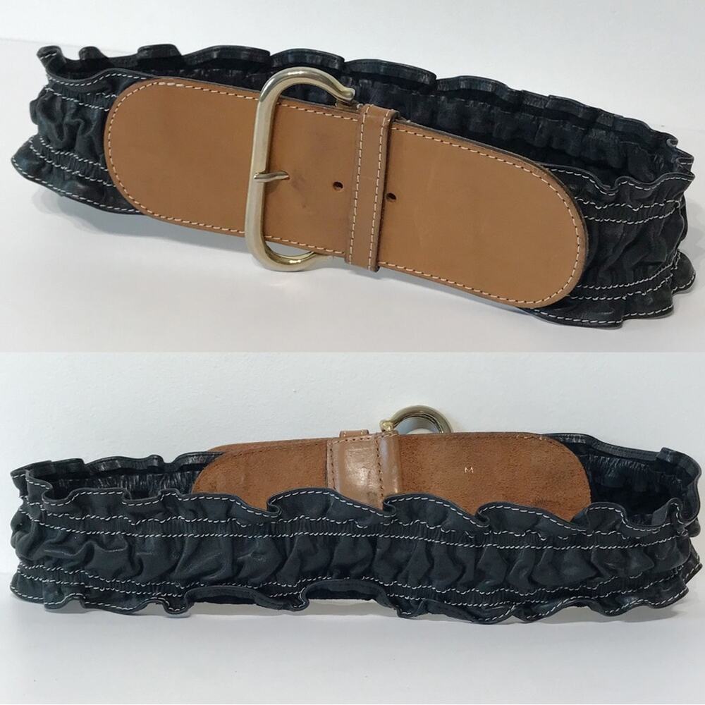 Vintage 3in Wide Italian Leather Ruched Waist Cinch Stretch Brass Buckle Belt M